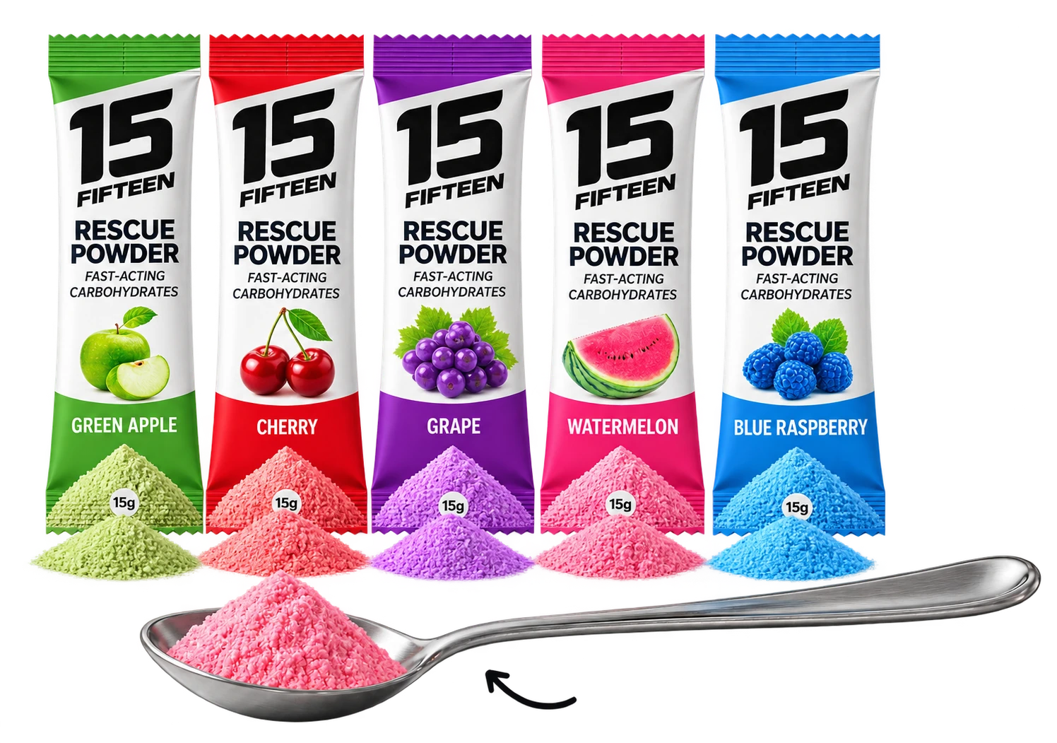Five Fifteen Rescue Powder flavors: Green Apple, Cherry, Grape, Watermelon and Blue Raspberry, with a spoonful of pink powder.